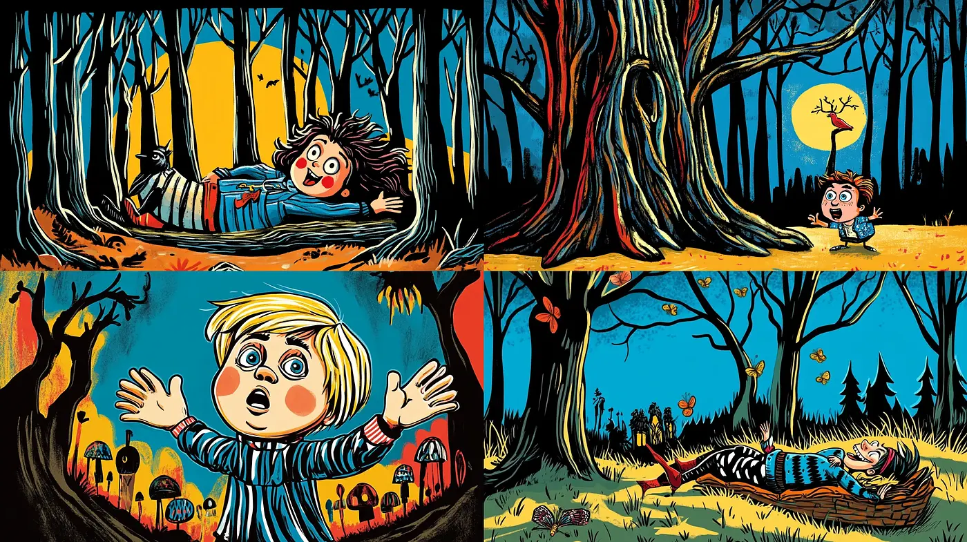 Whimsical Enchanted Forest: A Stylized Cartoonish Embodiment of Eerie and Lively Tales - Midjourney sref style
