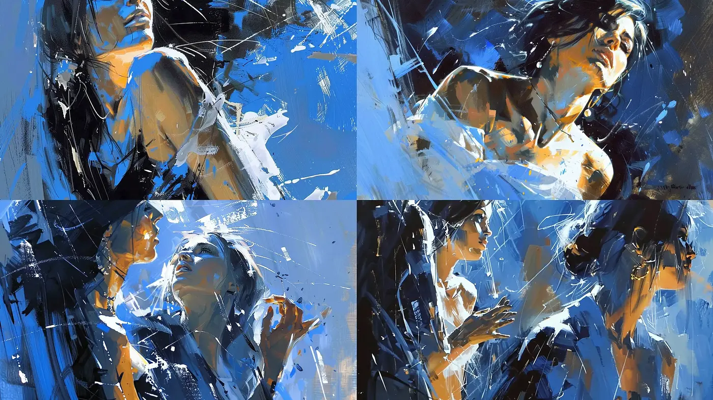 Dynamic Abstract Impressionism with a Bold Blue Palette - Midjourney sref style