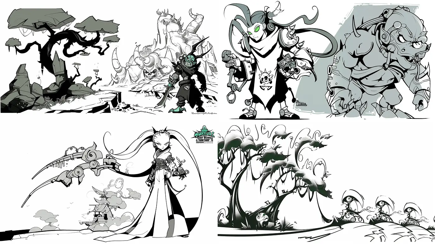Monochromatic Whimsy in Stylized Fantasy Illustration - Midjourney sref style