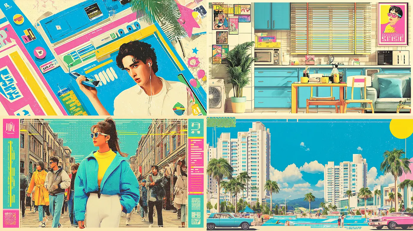 Vibrant and Nostalgic Retro Aesthetic with Bold Colors and Geometric Elements - Midjourney sref style