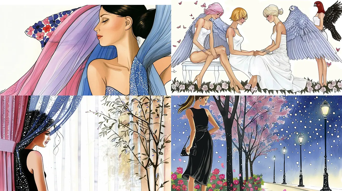 Elegant and Serene Illustrated Dreamscape - Midjourney sref style