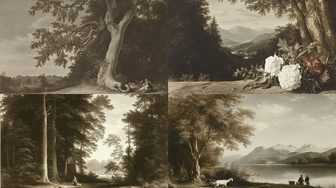 Harmonious Fusion of Sepia-Toned Pastoral Landscape Etchings - Midjourney sref style