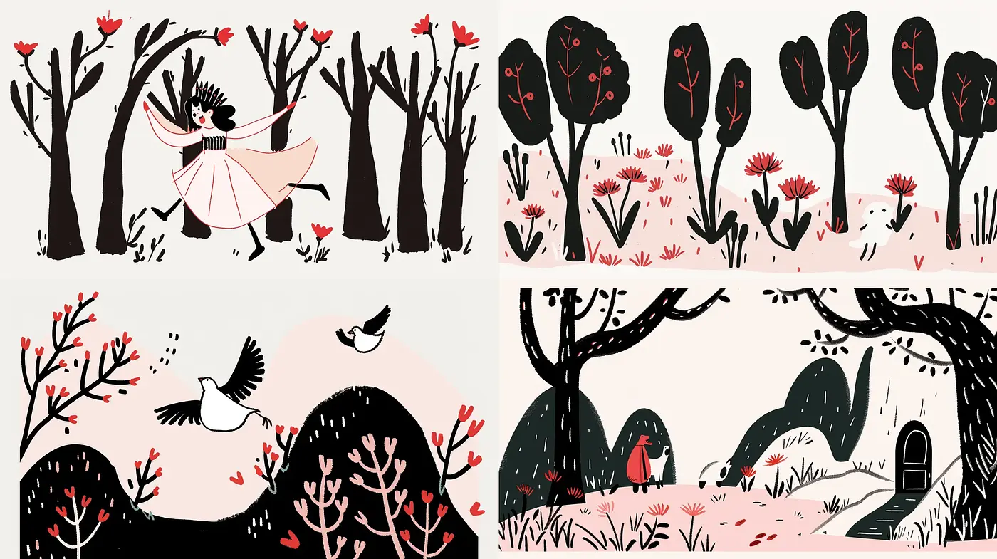 Whimsical Folkloric Vignettes in Stylized Nature - Midjourney sref style