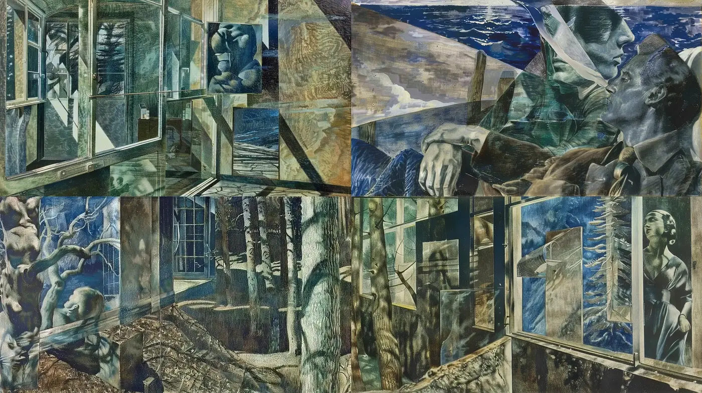 Consistently Fragmented Montage in Muted Photorealistic Tones - Midjourney sref style
