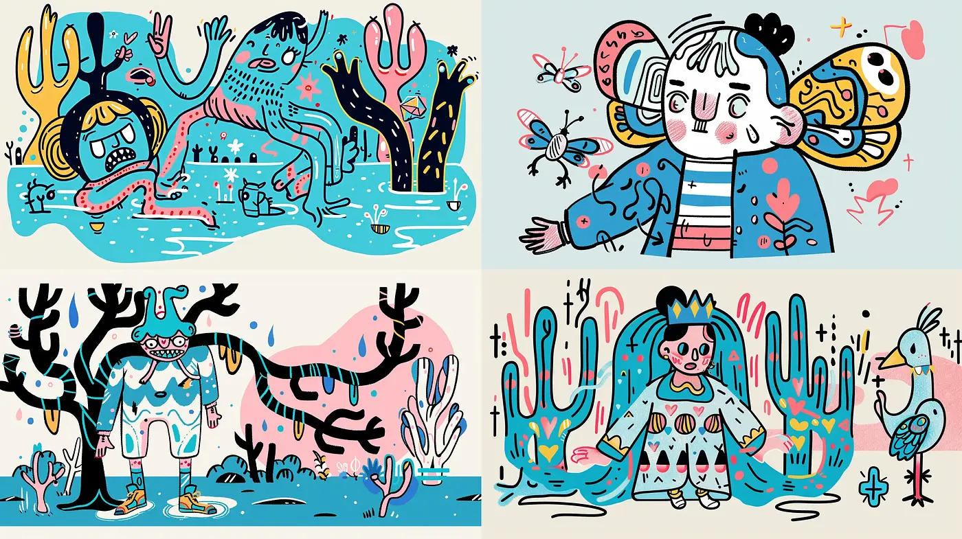 Playful Linear Illustrations with a Pastel Retro Vibe - Midjourney sref style