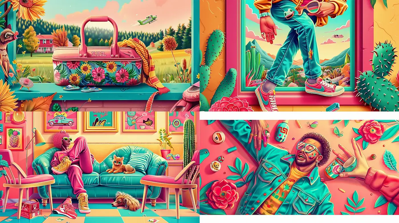 Colorful surrealism with lively character interaction and playful motifs - Midjourney sref style