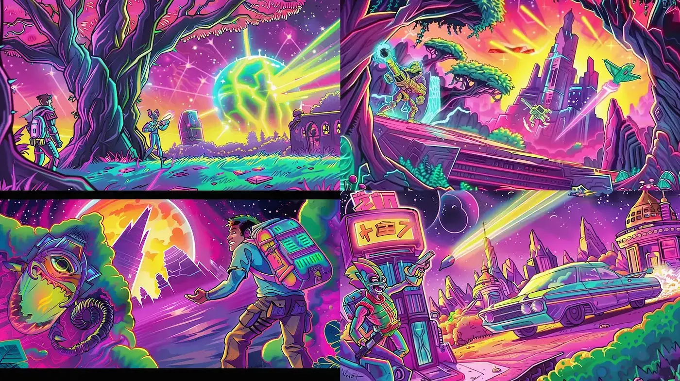 Psychedelic Dreamscape in Lurid Neon - Midjourney sref style