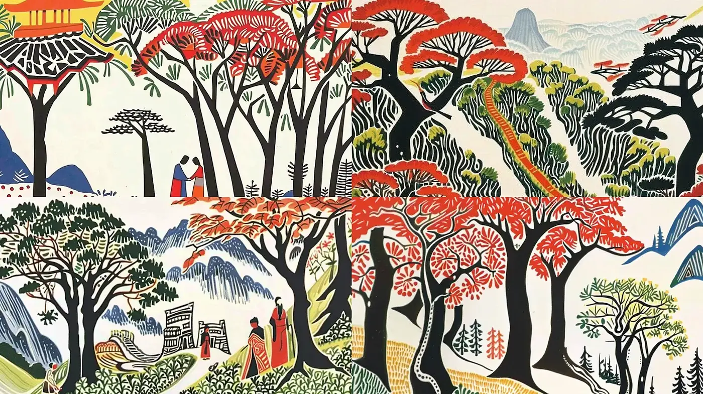 Vibrant Traditional Landscape with a Decorative Style - Midjourney sref style