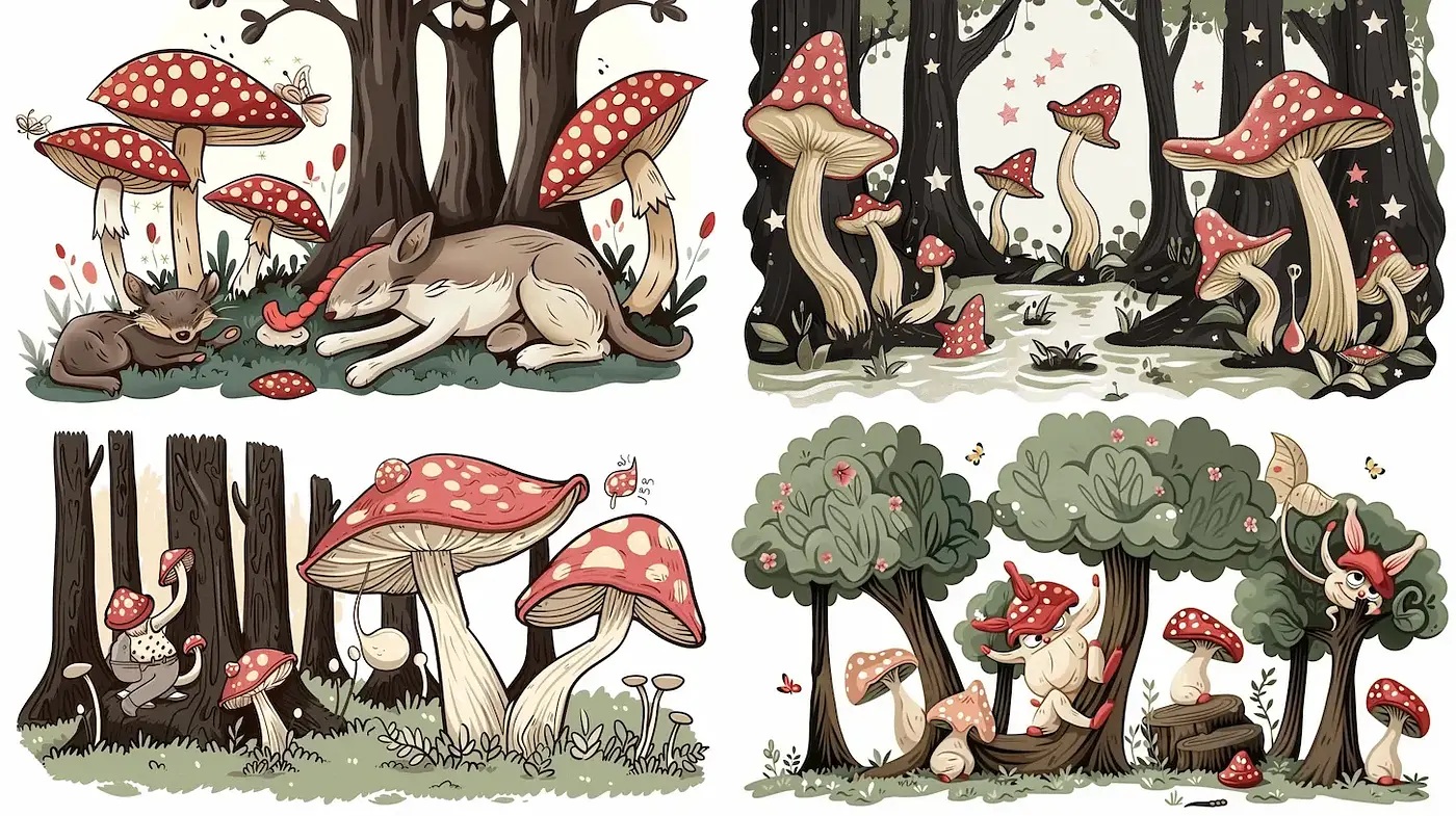 Whimsical Forest Scenes with Playful Creatures and Mushrooms - Midjourney sref style