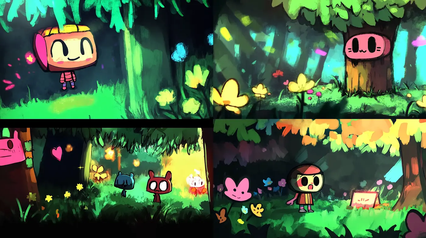 Whimsical Forest Dreamscapes with Vibrant Cartoonish Flair - Midjourney sref style