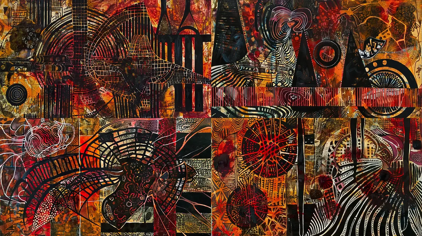 Abstract Fusion of Urban Complexity and Ethnic Motifs - Midjourney sref style