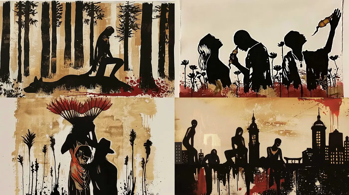 Silhouette Drama Against a Canvas of Fiery Hues and Stark Contrasts - Midjourney sref style