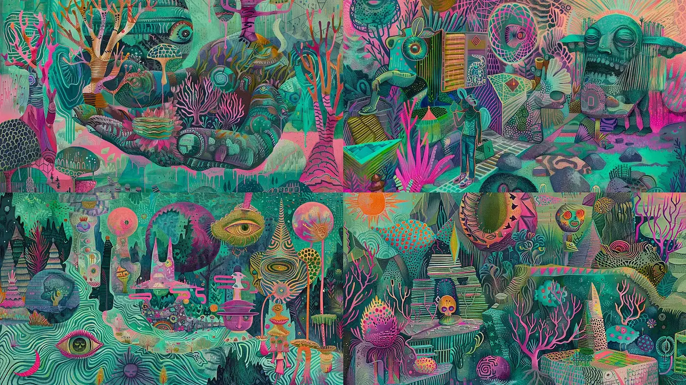 Vibrant Surrealistic Fantasy Landscape with Organic Forms - Midjourney sref style