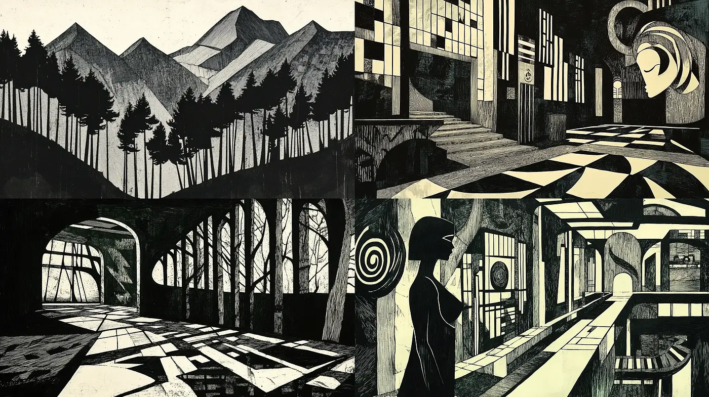 Monochromatic Serenity in Stylized Geometric Landscapes - Midjourney sref style