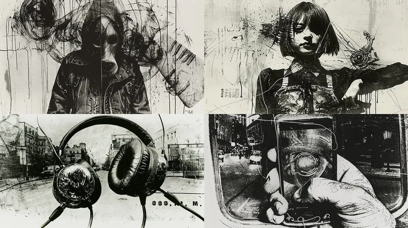Dark, urban aesthetic with a blend of abstract textures and detailed line work - Midjourney sref style