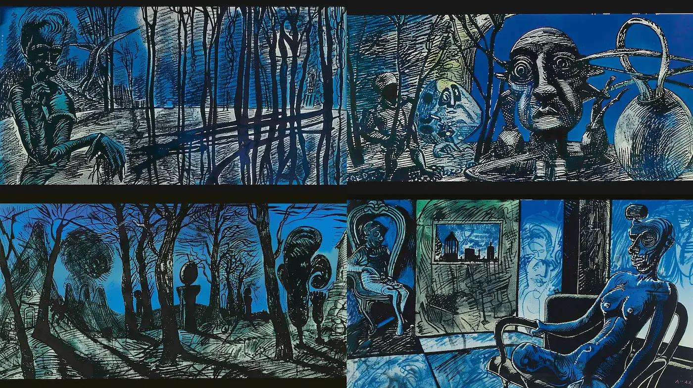 Surreal, expressive narrative with a hint of abstraction and dreamlike quality - Midjourney sref style