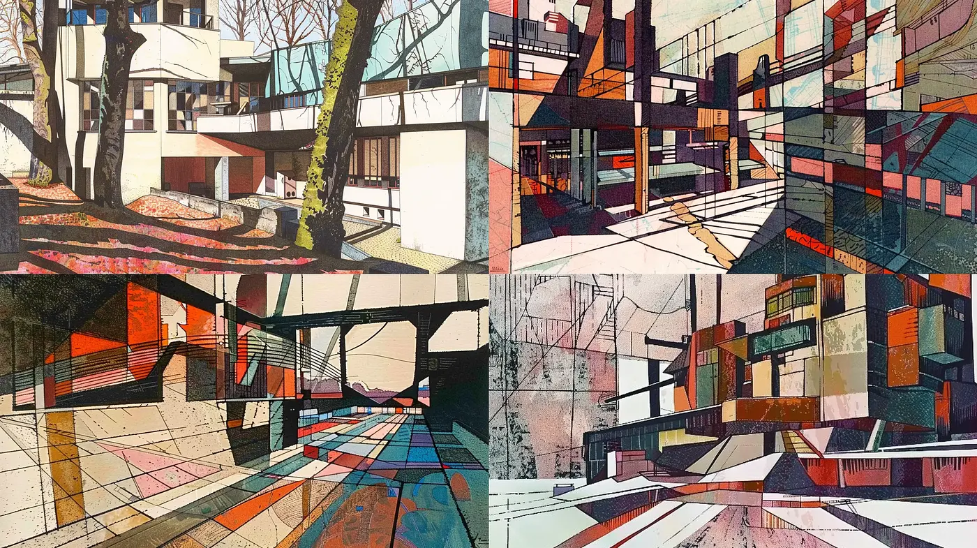 Geometric Interplay and Chromatic Architectural Visions - Midjourney sref style
