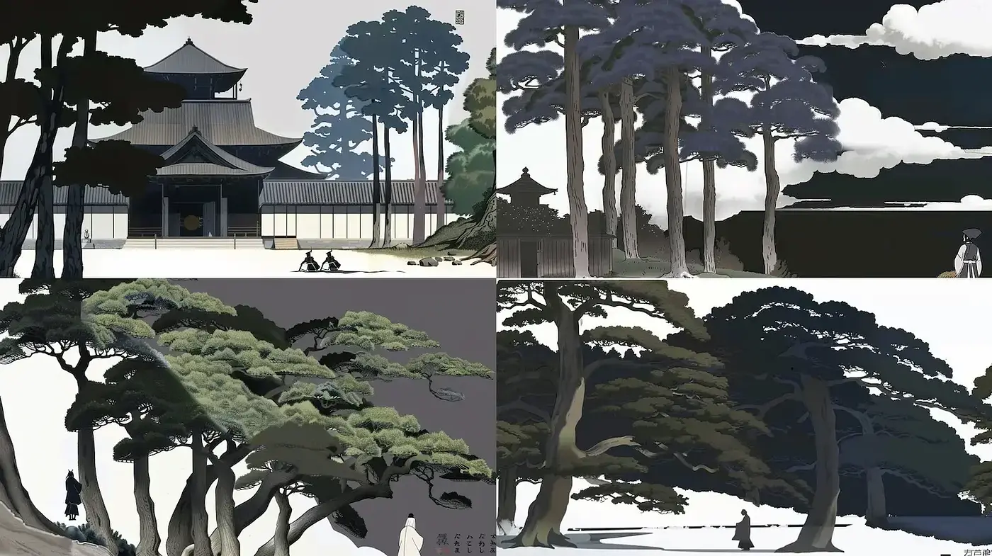 Serene and contemplative landscapes reflecting traditional Japanese aesthetics - Midjourney sref style
