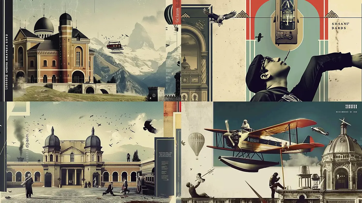 Retrofuturistic Reveries in Sepia: A Collage of Past and Imagined Tomorrow - Midjourney sref style