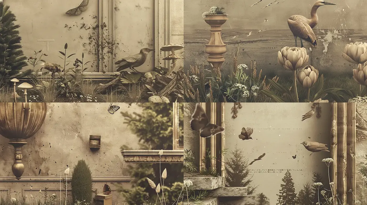 Surreal Nature Scenes with Vintage Elegance and Botanical Elements - Midjourney sref style