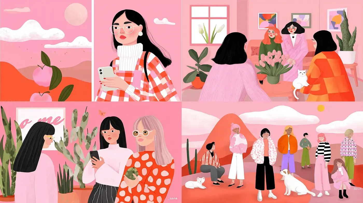 Charming and Whimsical Illustration Style With a Pink Palette - Midjourney sref style