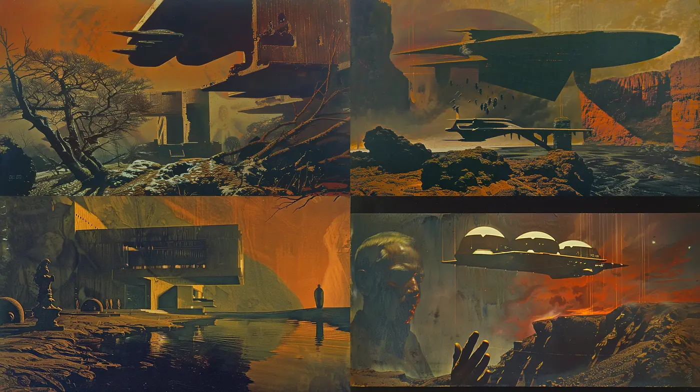 Dusky Sci-Fi Panorama: Retro-Futuristic Vistas with a Somber Palette - Midjourney sref style