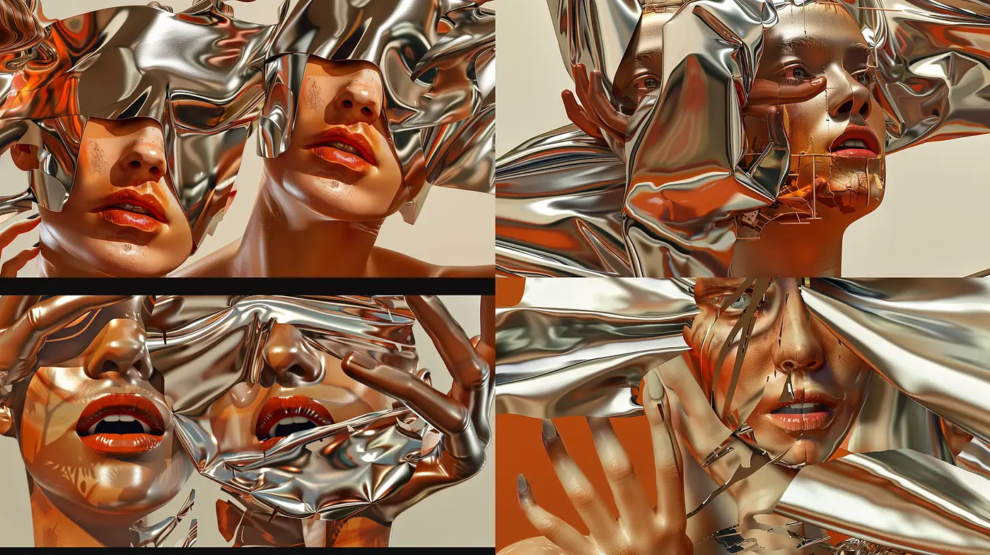 Distorted Elegance: A Study in Metallic Fluidity and Human Form - Midjourney sref style