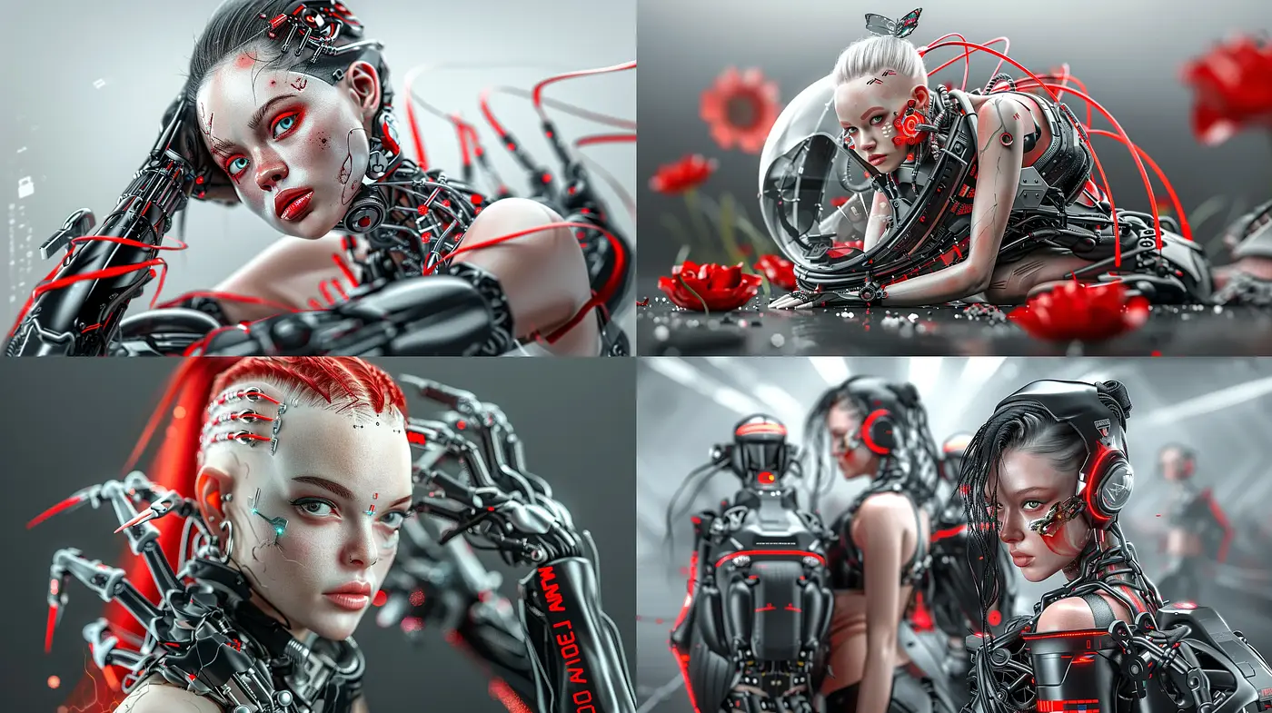 Cybernetic Elegance in Monochromatic Hues with Vivid Red Accents - Midjourney sref style