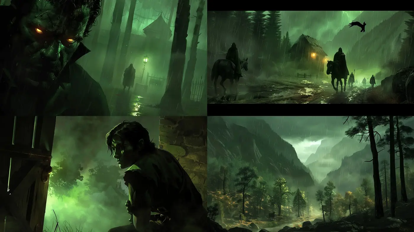 Mystic Nocturne: Eerie Green Hues and Cinematic Foreboding - Midjourney sref style