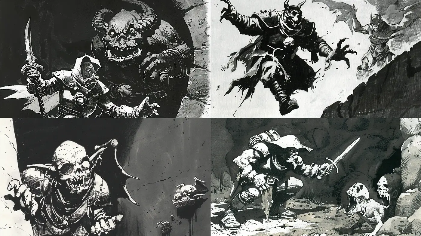 Monochromatic Fantasia: An Ode to Classic Fantasy Illustrations with a Dark Twist - Midjourney sref style