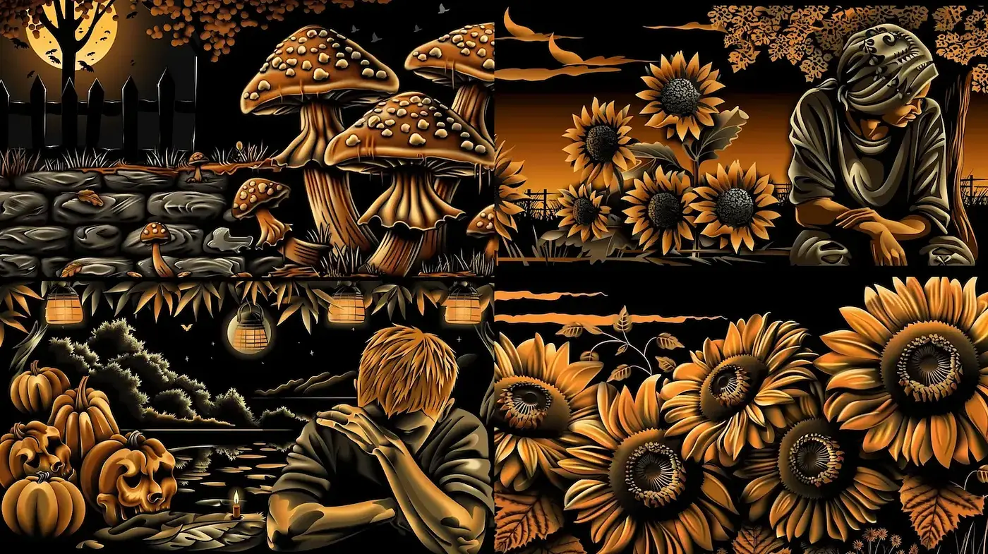 Consistent Elements of Dark Vintage Illustrations with a Whimsical Touch - Midjourney sref style