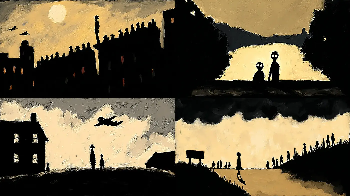 Melancholic Silhouettes in a Dreamy Landscape - Midjourney sref style