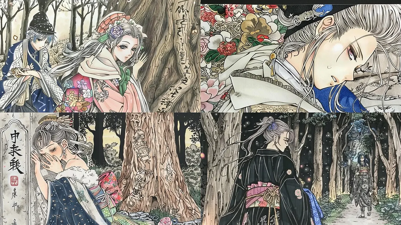 Ethereal Elegance in Brushwork: A Consistent Tapestry of Delicate Line Art and Muted Nature Hues - Midjourney sref style