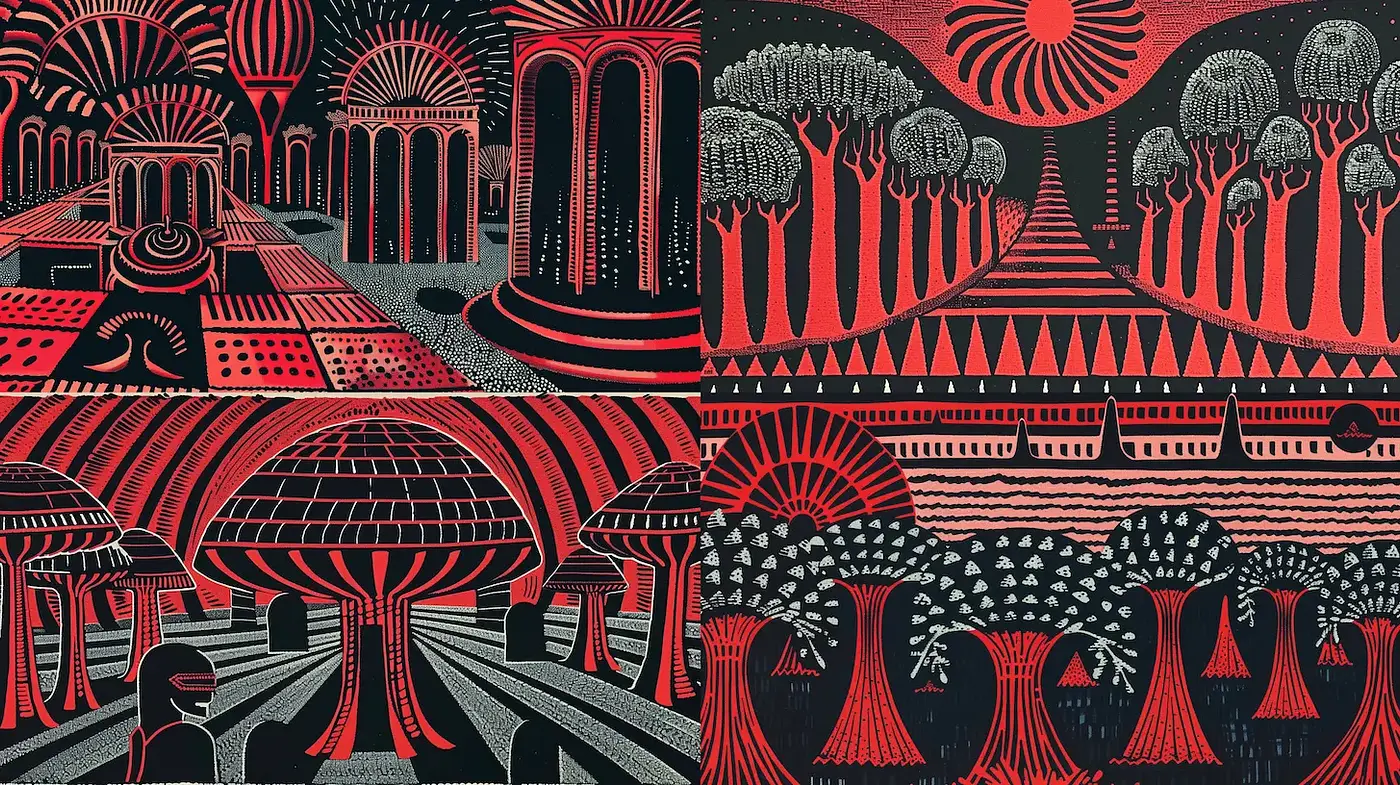 Stylized Surreal Landscapes with Bold Geometric Forms and a Dark Palette - Midjourney sref style