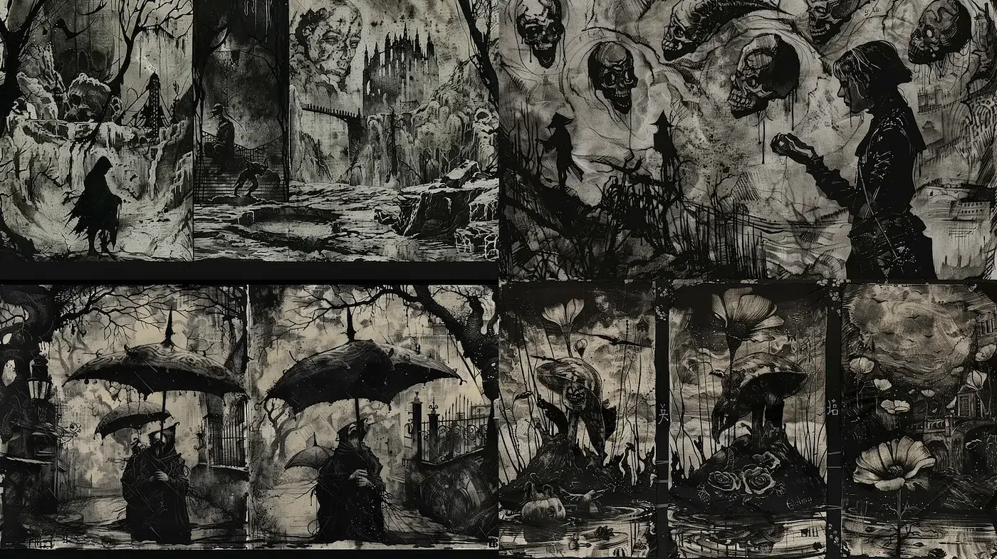 Darkly Atmospheric Illustrations with Intricate Textures and Gothic Influences - Midjourney sref style