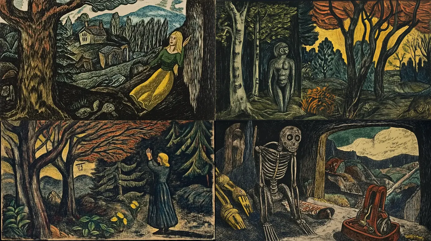Enigmatic Woodland Whimsy: A Fusion of Folk Art and Expressionist Mystique - Midjourney sref style