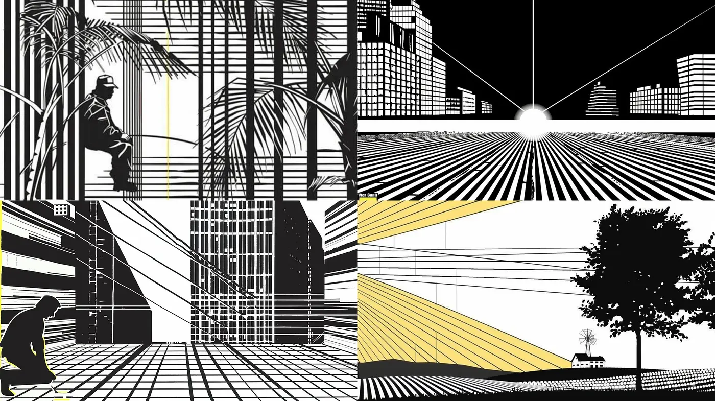 Monochromatic Urban Contours with a Hint of Amber Sunrays - Midjourney sref style
