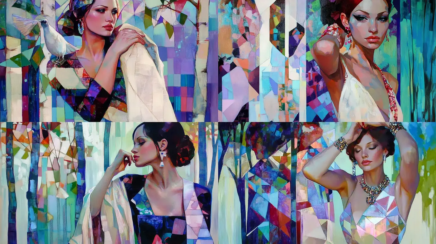 Fragmented Elegance: A Mosaic of Colorful Refinement in Portraiture - Midjourney sref style
