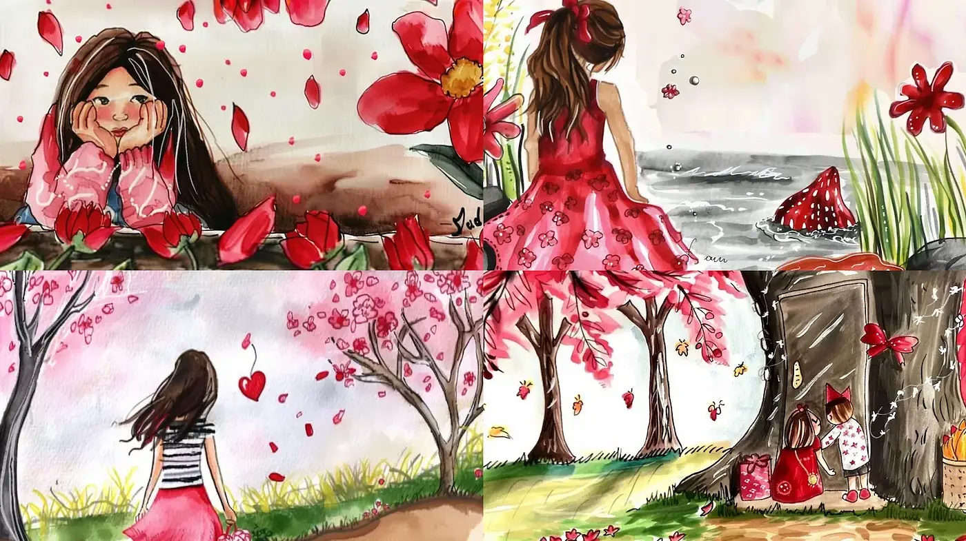 Whimsical and vibrant watercolor illustration style exploring nature and emotion - Midjourney sref style