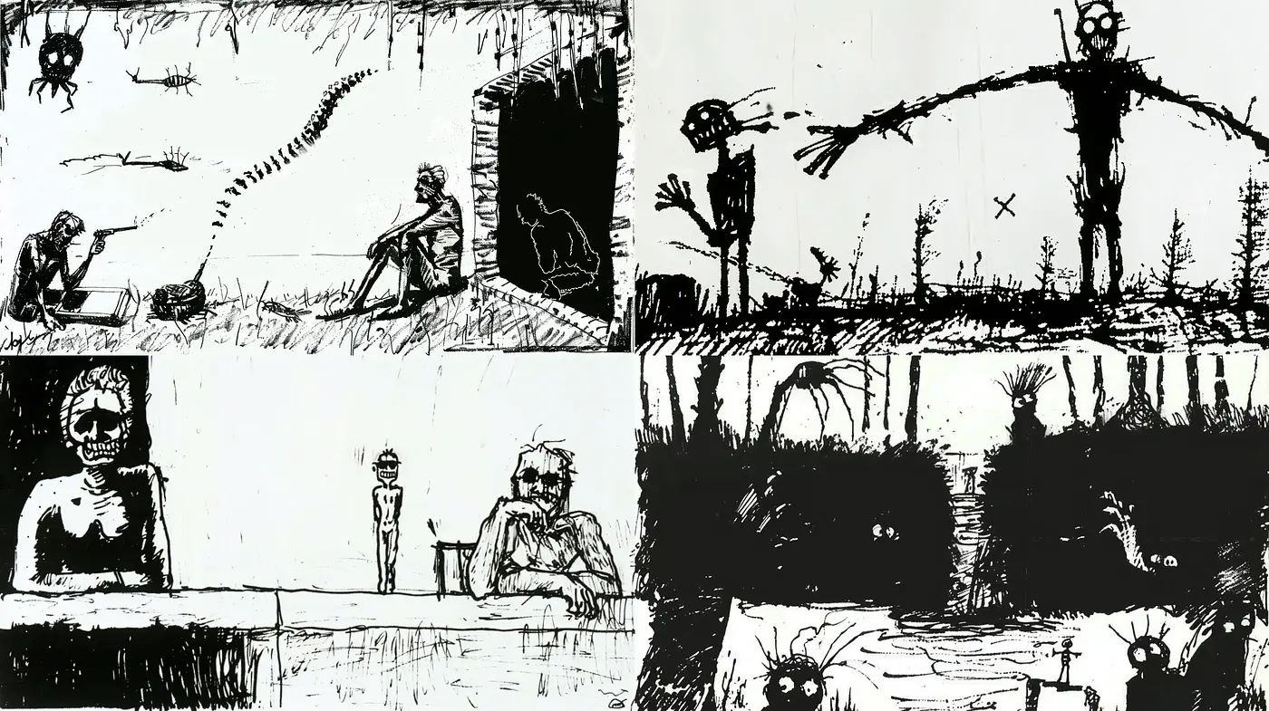Stark Monochromatic Etching-Style Vignettes - Midjourney sref style