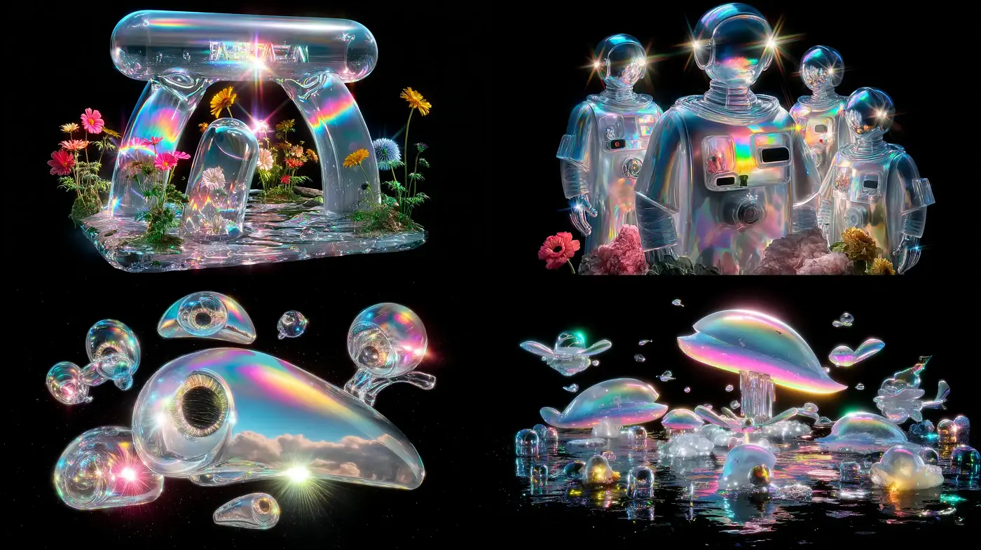 Futuristic and ethereal glass-like aesthetics with vibrant textures - Midjourney sref style
