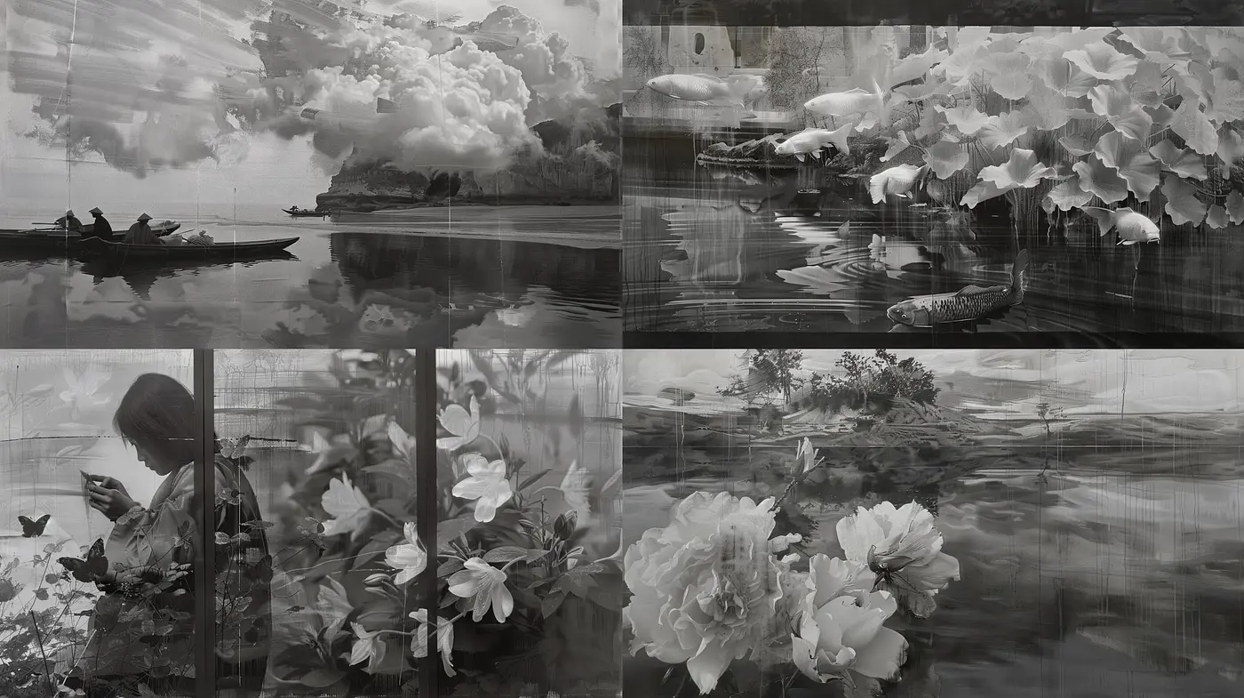 Monochromatic Dreamscapes: A Harmonization of Florals and Reflections - Midjourney sref style