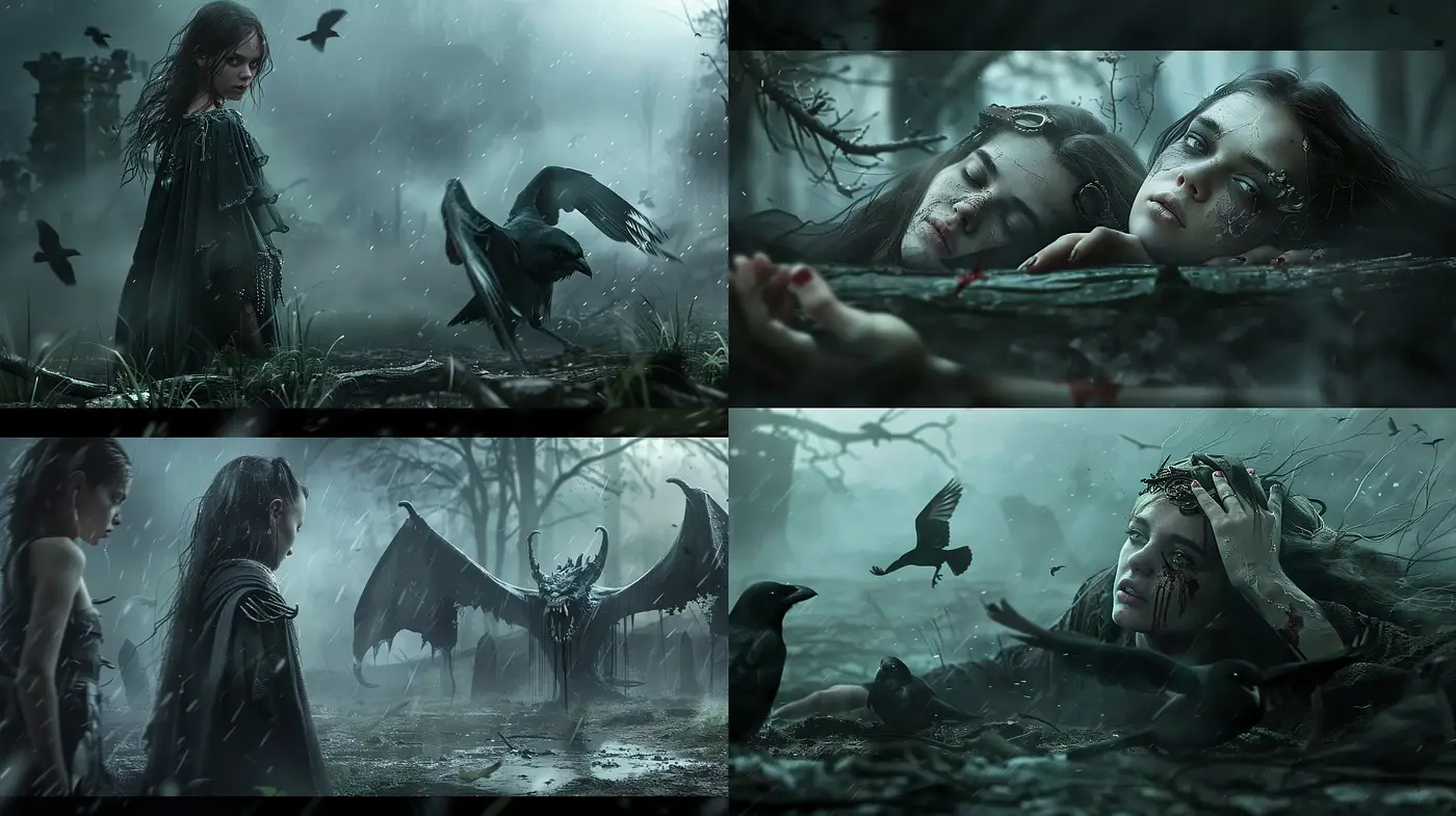 Ethereal Gothic Whispers: A Mysterious Ensemble of Darkened Hues and Tenebrous Ambiance - Midjourney sref style