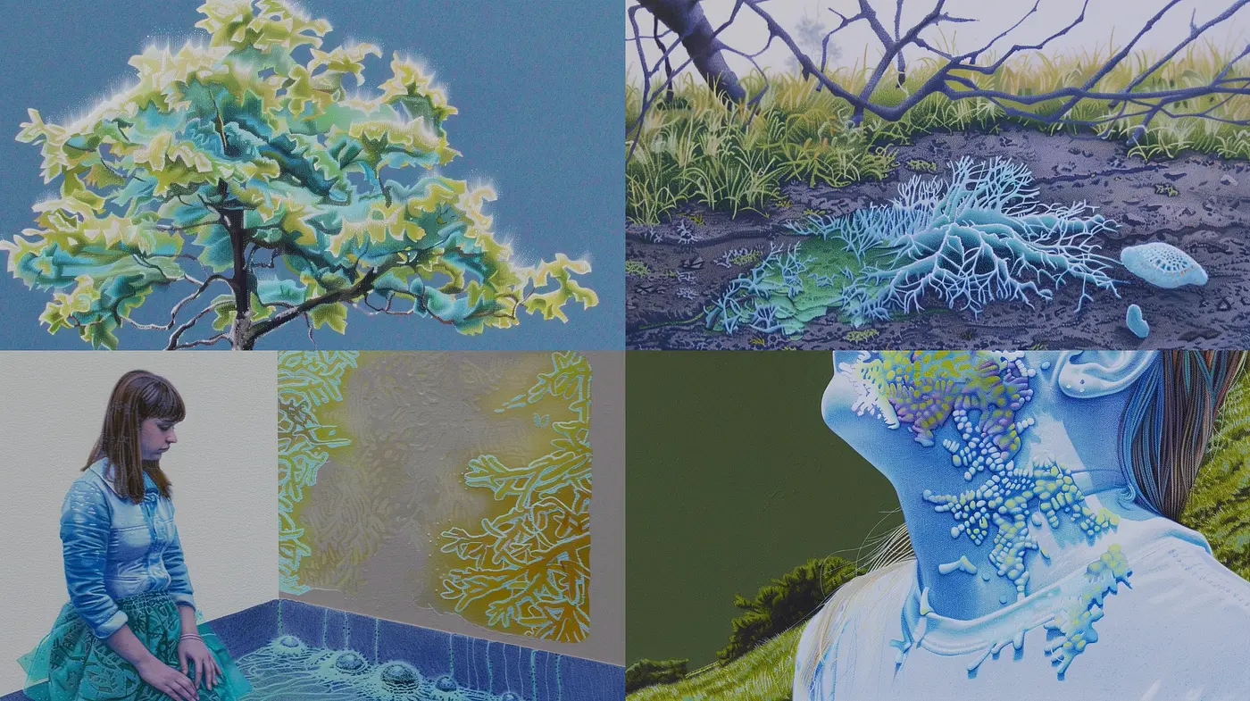 Surreal Bioluminescent Harmony: A Contemporary Merge of Nature and Texture - Midjourney sref style