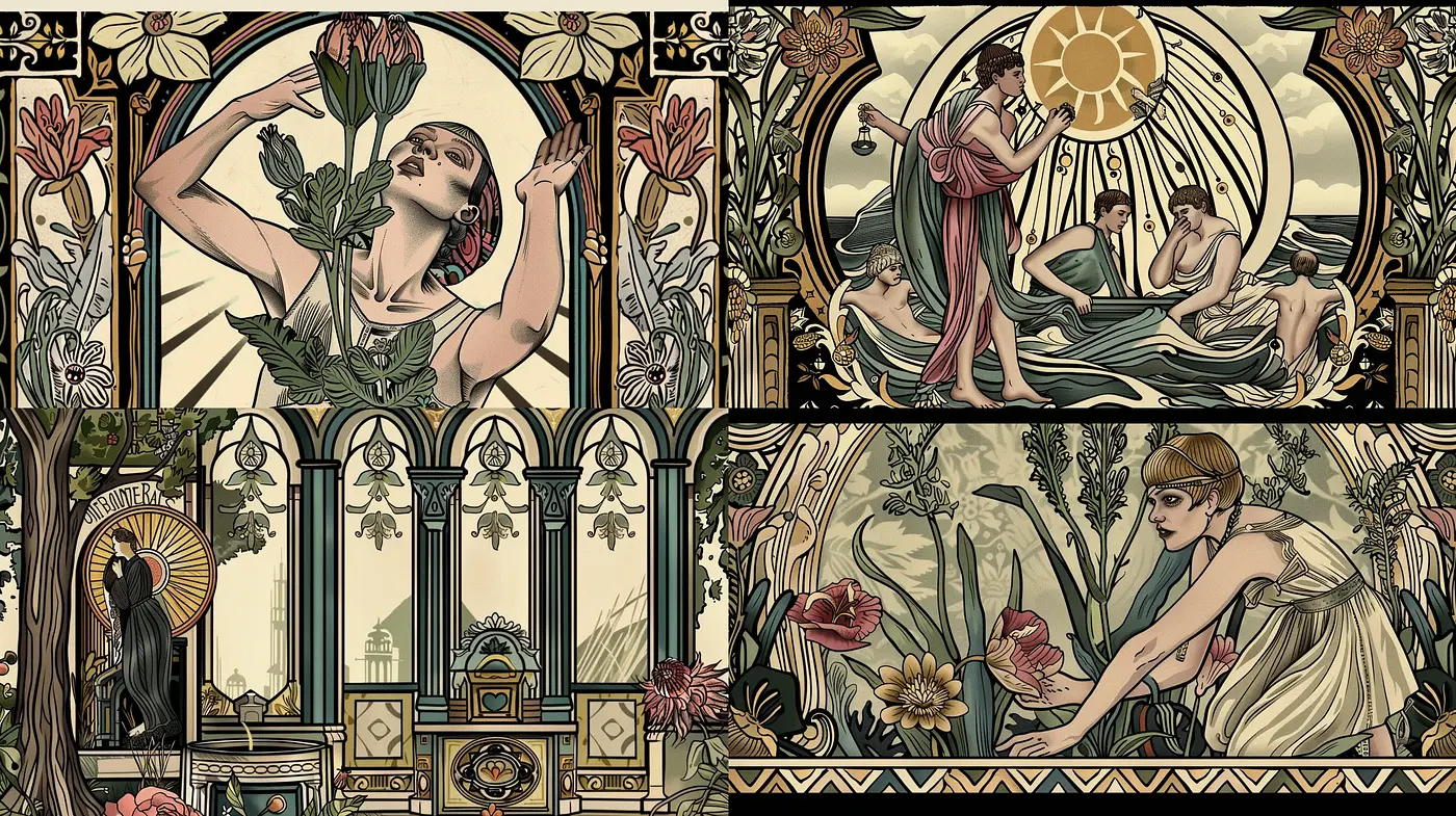 Art Nouveau Fusion with Stylized Botanical and Mythological Motifs - Midjourney sref style
