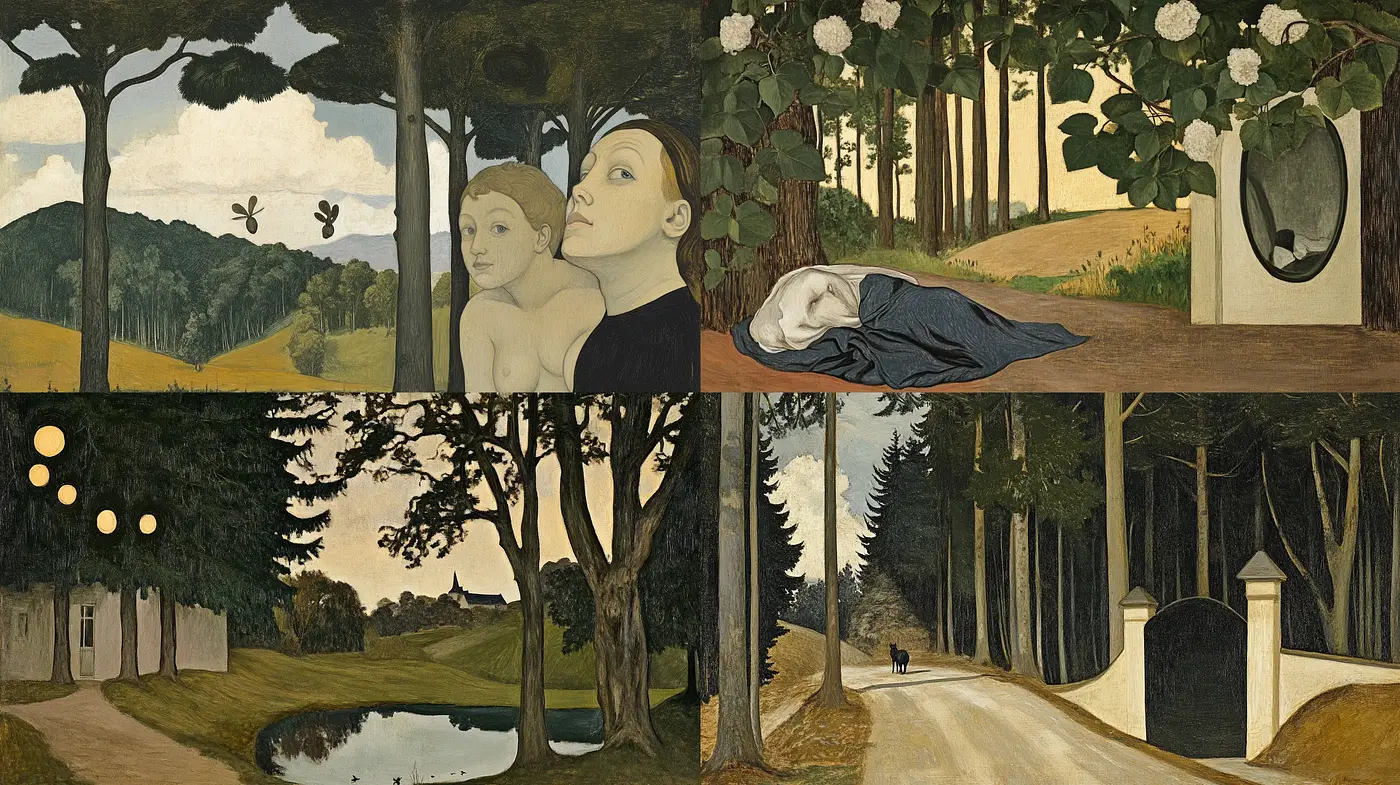 Surreal and Timeless Tableaux with Pastoral Elegance - Midjourney sref style