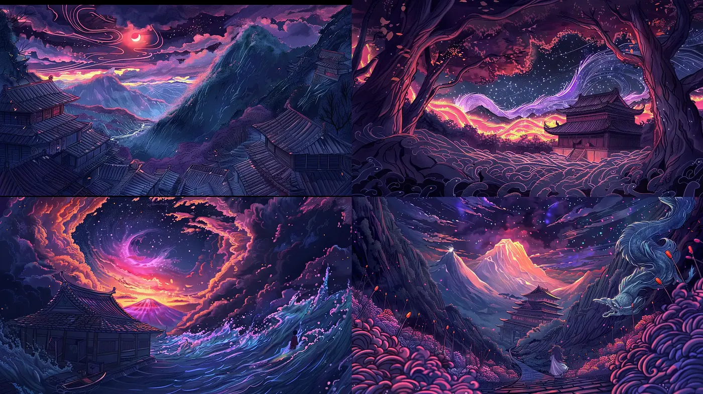 Ethereal Twilight Dreamscapes: A Fusion of Vibrant Hues and Mythical Serenity - Midjourney sref style