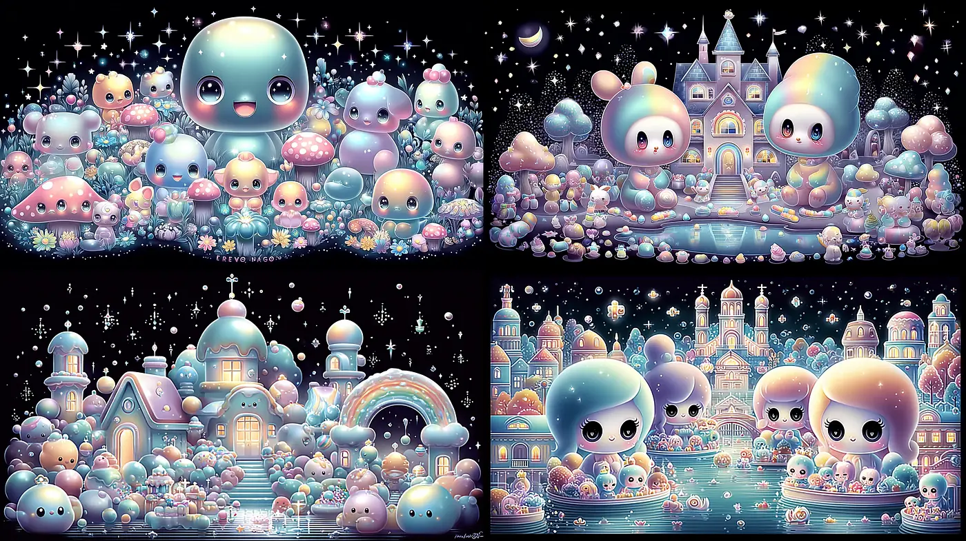 Whimsical and Dreamy Kawaii Aesthetic Merging Soft Pastels and Fantasy Elements - Midjourney sref style