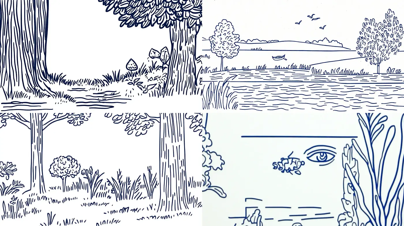 Line-drawn Nature Vignettes with Monochromatic Blue Hue - Midjourney sref style