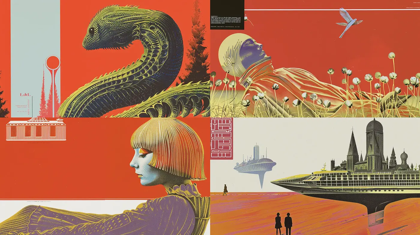 Futuristic Retro Visions in Saturated Hues - Midjourney sref style